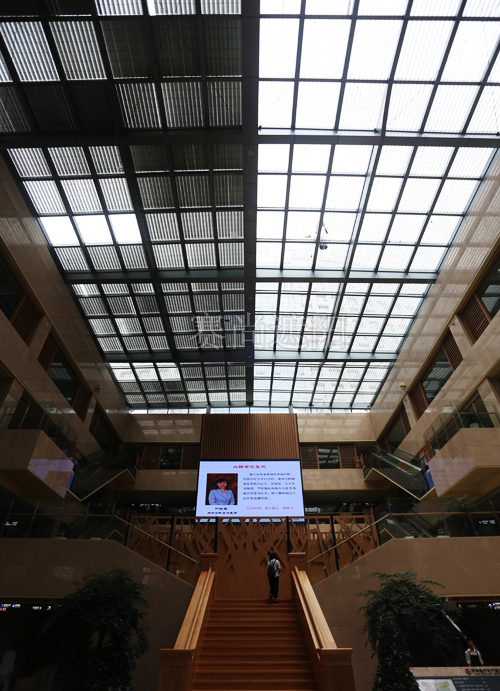 医院建筑大厅方形采光顶应用梭形百叶遮阳内部实景效果